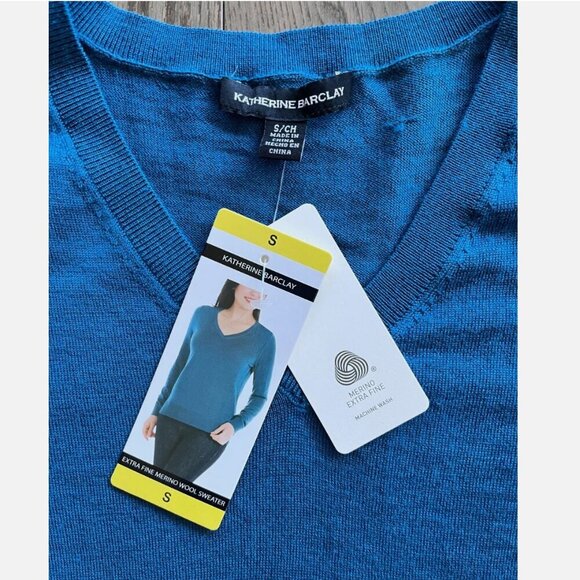 Katherine Barclay New Extra Fine Merino Wool V Neck Sweater Size S Teal Blue NWT - Picture 3 of 8